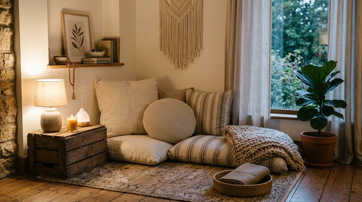 Keep surfaces clear so the eye has room to rest inspiration for a meditation space.